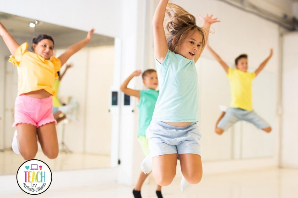 A picture of students dancing and participating in kindergarten brain break activities.