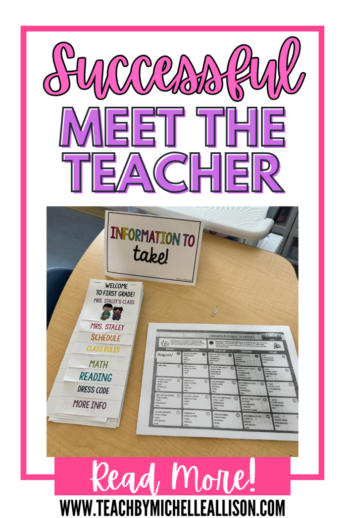 Meet the teacher information station with parent handouts and classroom information for back to school night.