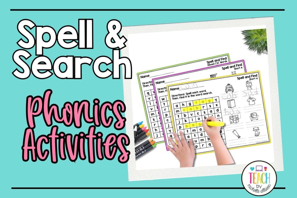 Teal background showing a picture of a wordsearch, phonics activity, for first grade. Text reads "Search and Spell: Phonics Activities"