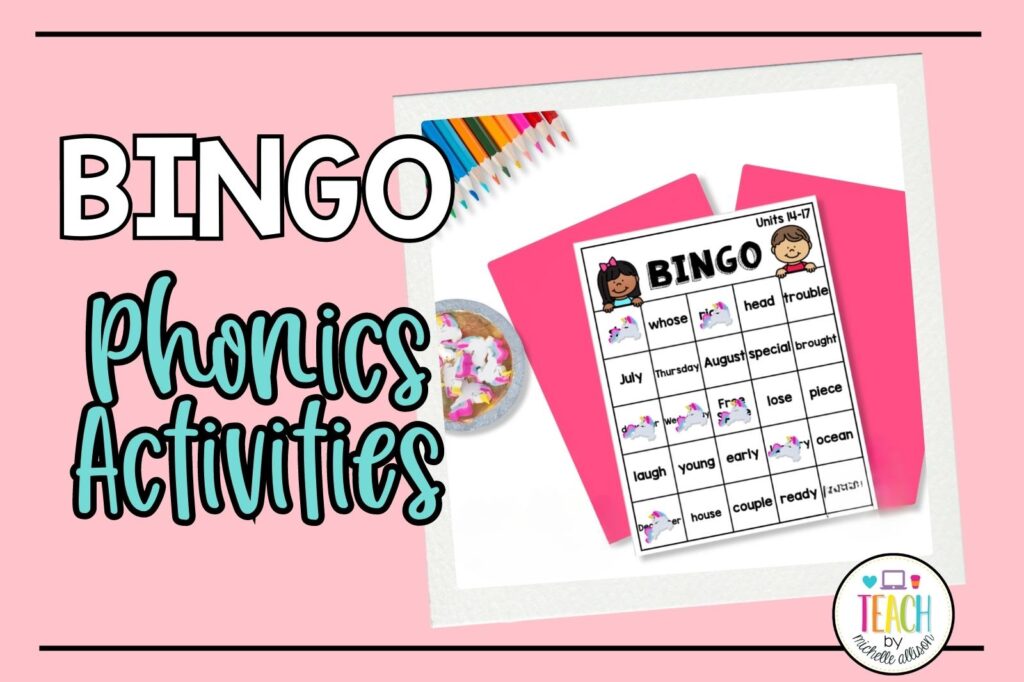 Pink background showing a picture of a phonics activity for first grade. Text reads " BINGO: Phonics Activities"