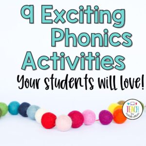 The title graphic reads "9 phonics activities for first grade". There is a picture of children sitting on a carpet using letter tiles to complete a phonics activity.