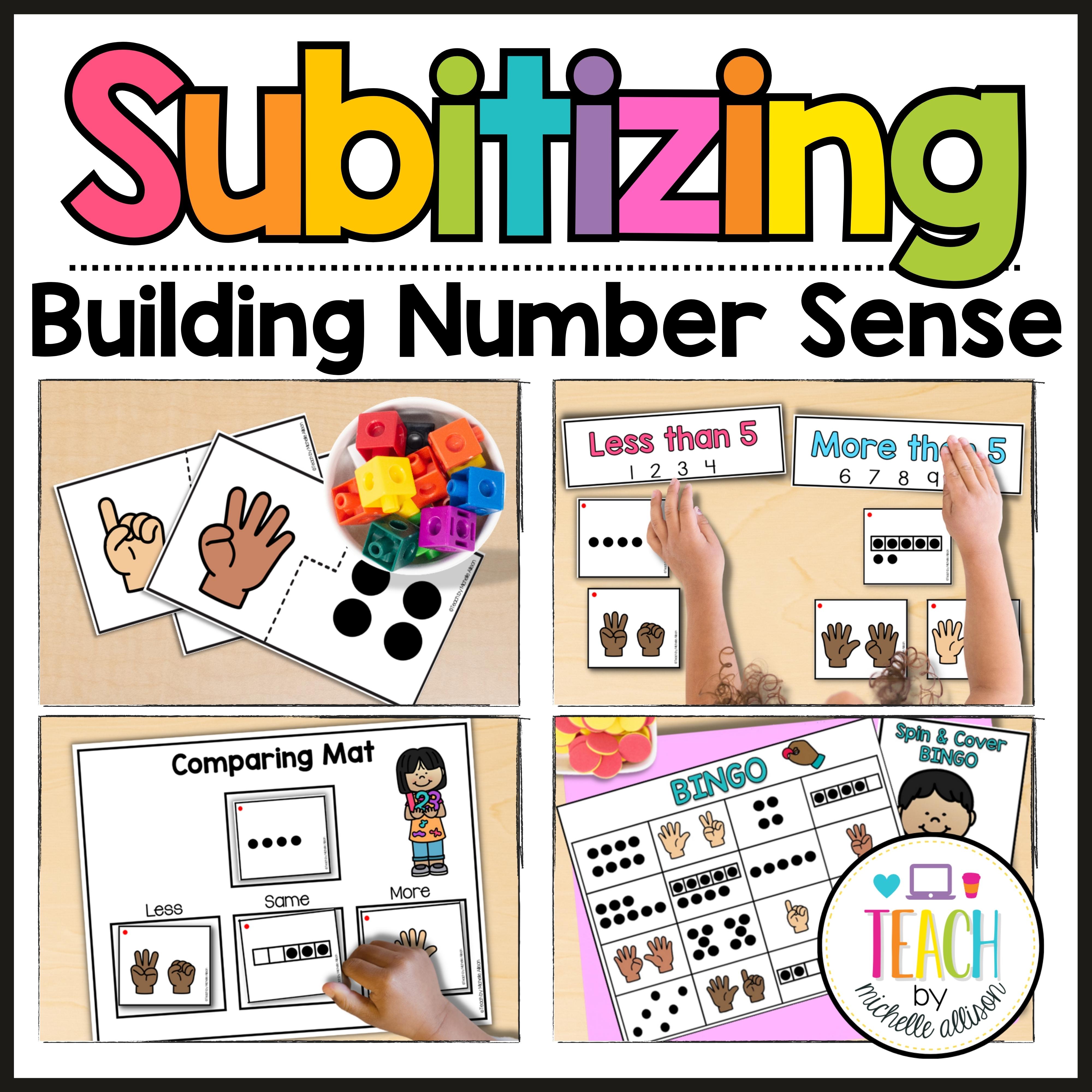 A picture of various subitizing games to build number sense shown on a student desk.