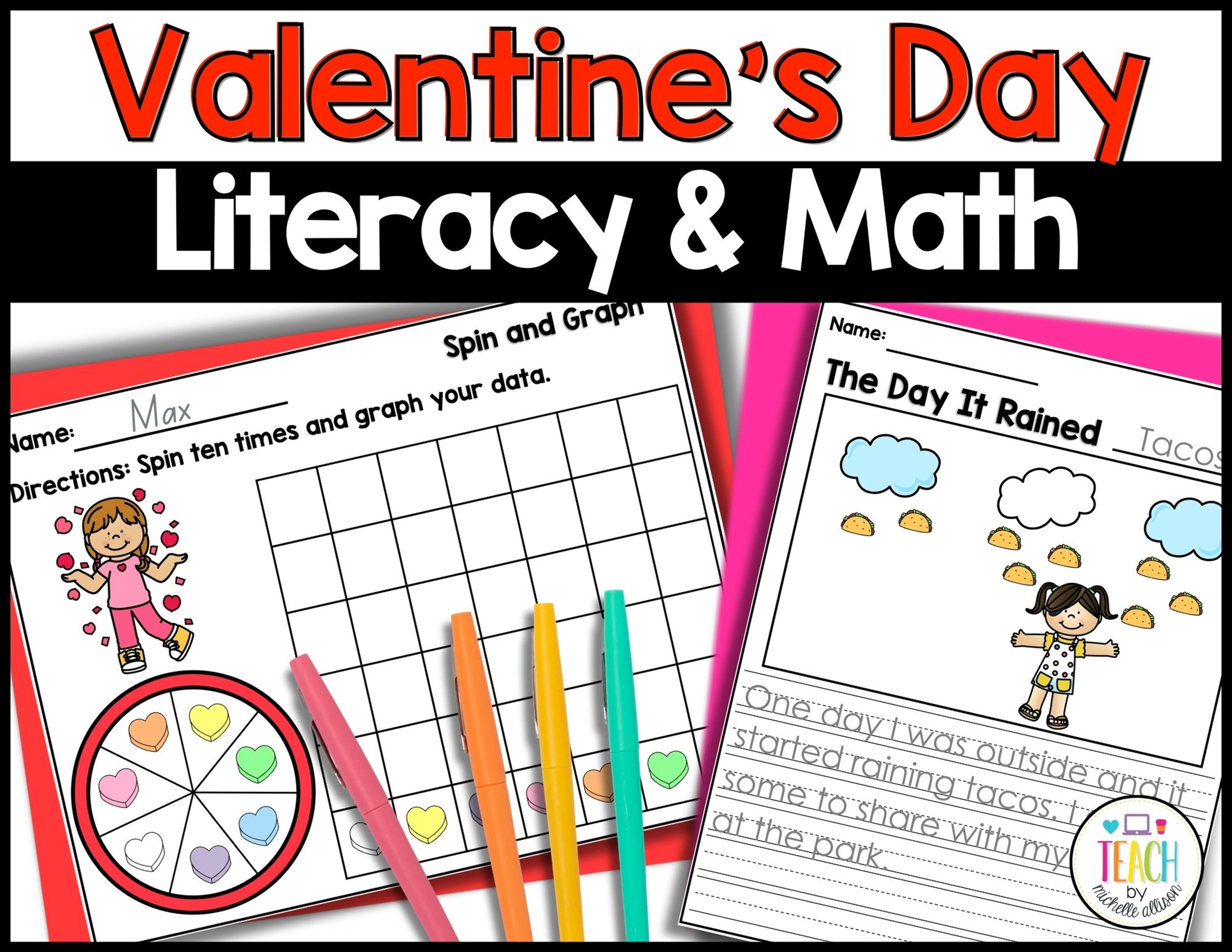 Valentine's Day printable activities are shown on a red and white background.