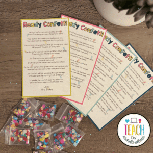 ready confetti free download shown with multiple color cards and packets of ready confetti for students