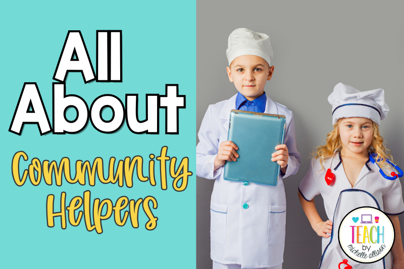 A photo of kids dressed as community helpers. The text reads All About Community Helpers.