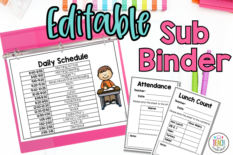 an editable sub plan template is shown in a sub binder.