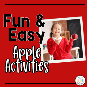 A child is pointing to an apple being used for apple activities. The text reads fun and easy apple activities