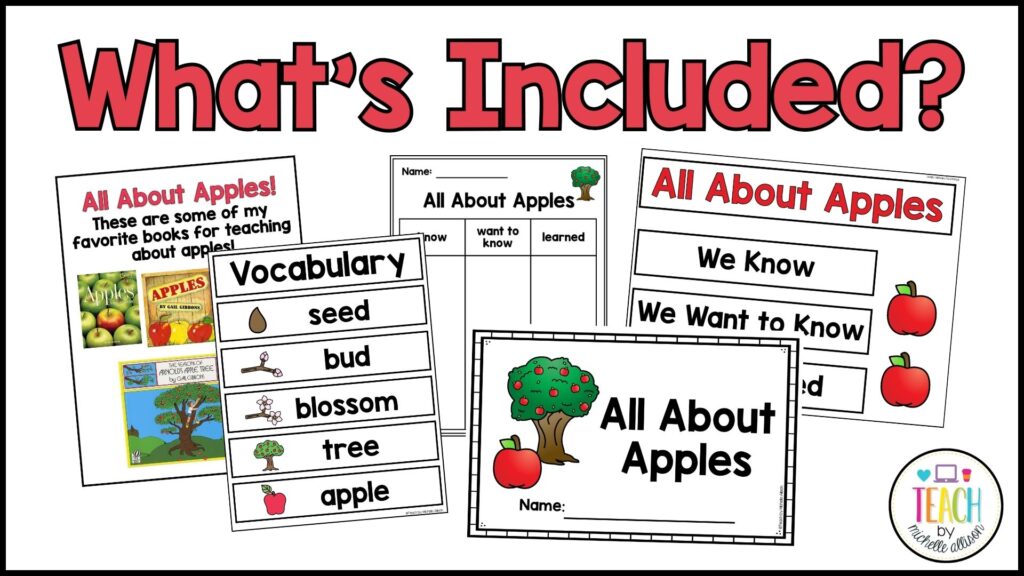 Apple activities are shown including an all about apples book, apple vocabulary, apple kwl chart, and apple life cycle.