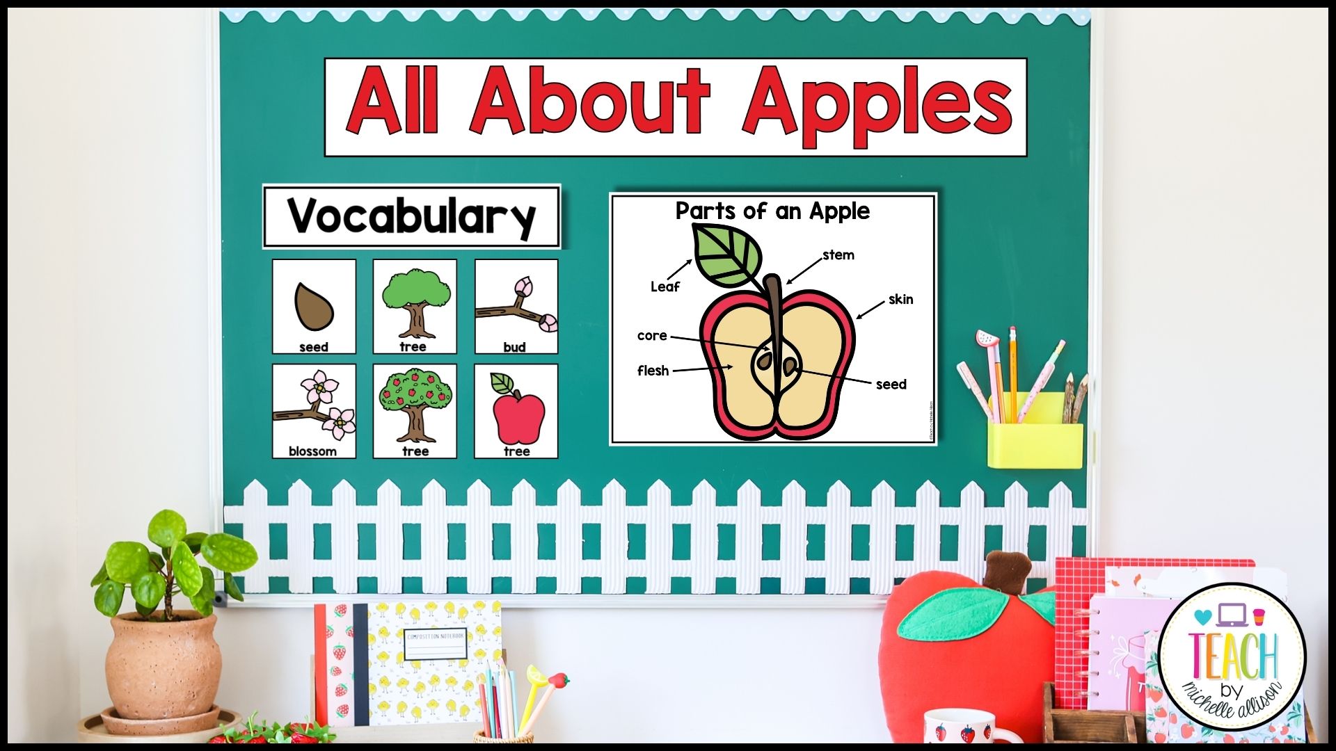 A bulletin board showing apple vocabulary and apple labeling activities.