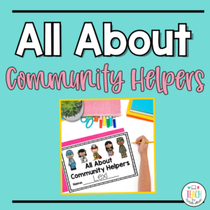 An all about community helpers book is on a students desk. The text reads "All about community helpers".