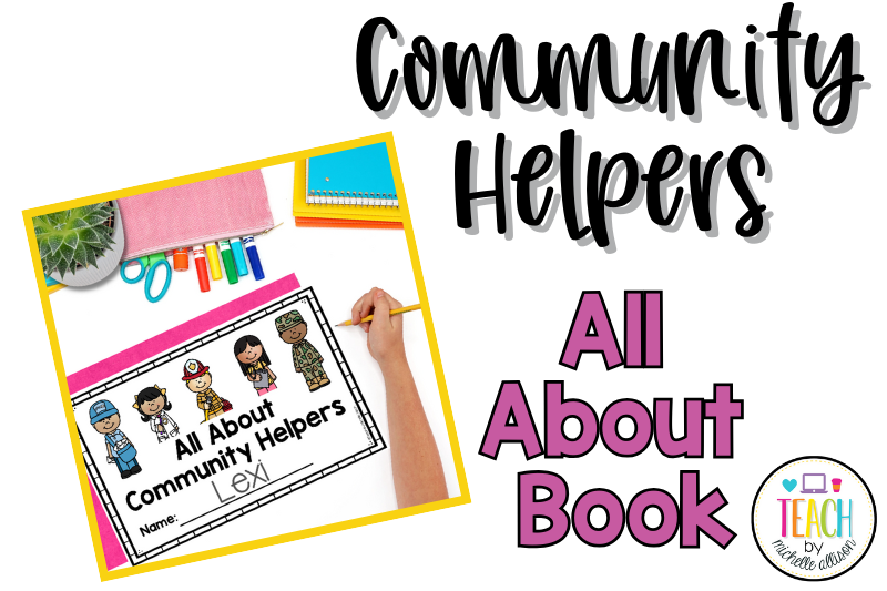 A community helper book is shown. The words read Community Helpers All About Book