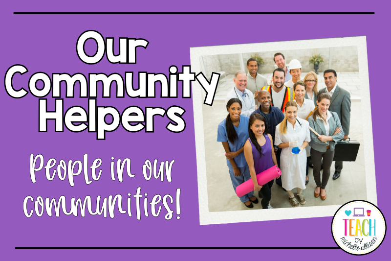 Community helpers are shown in a photo. The text reads people in our communities.