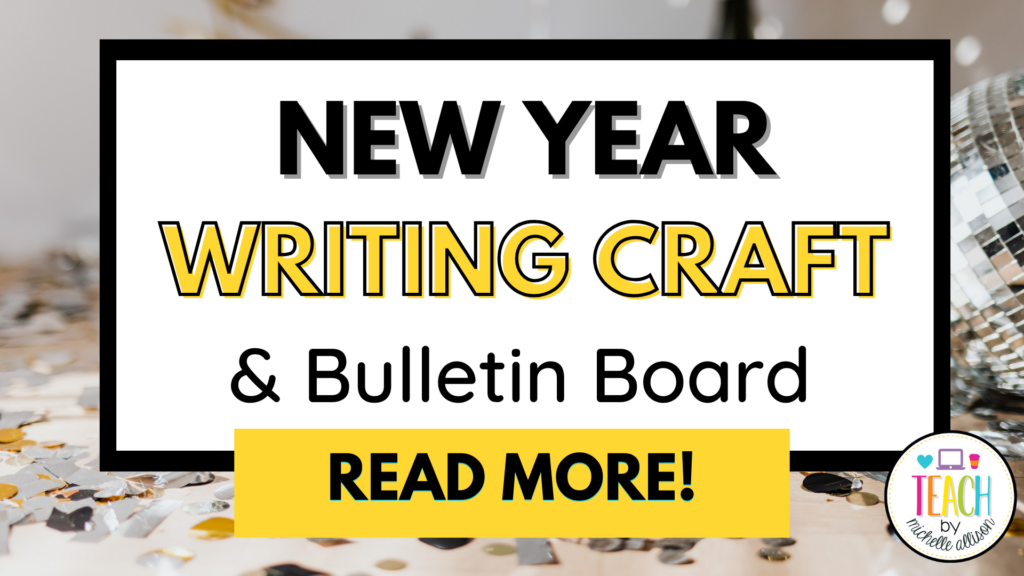 New year bulletin board craft written in black and gold text 