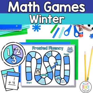 Printable math game shown on a student desk with title reading math games winter