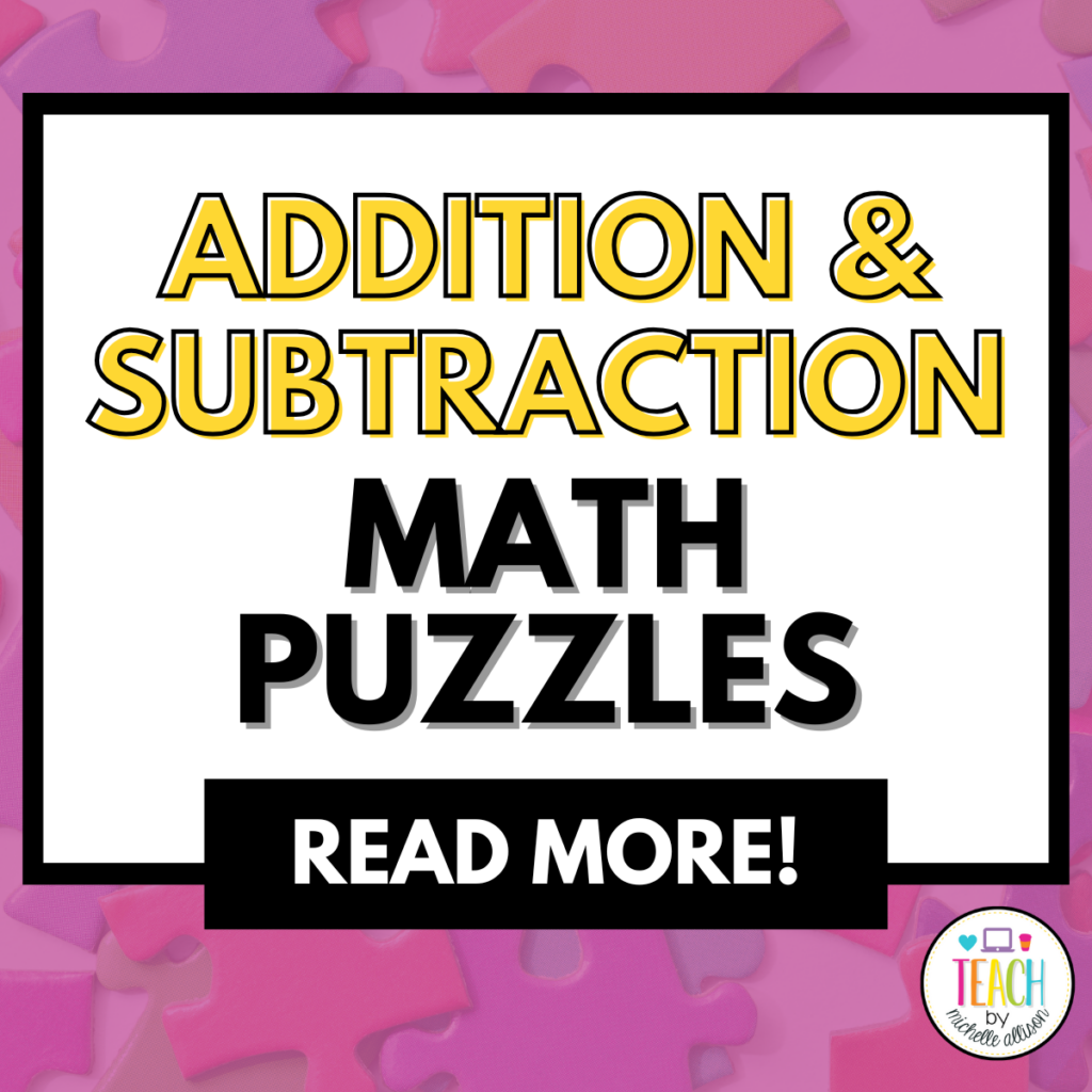 Math puzzles for fact fluency written in purple and yellow font.