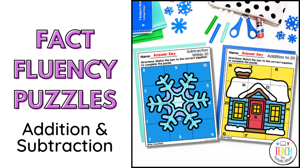 Math puzzles for fact fluency written in purple and yellow font.