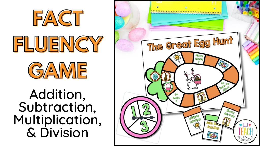 Easter board game shown on a student desk. Text reads Easter Fact Fluency Game in orange text.