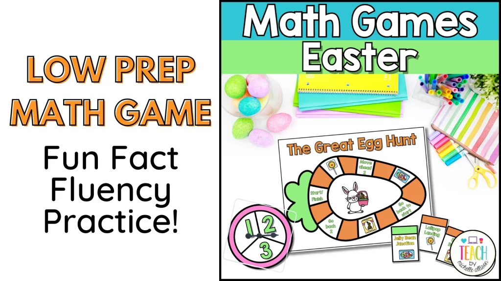 Easter board game shown on a student desk. Text reads Easter Fact Fluency Game in orange text.