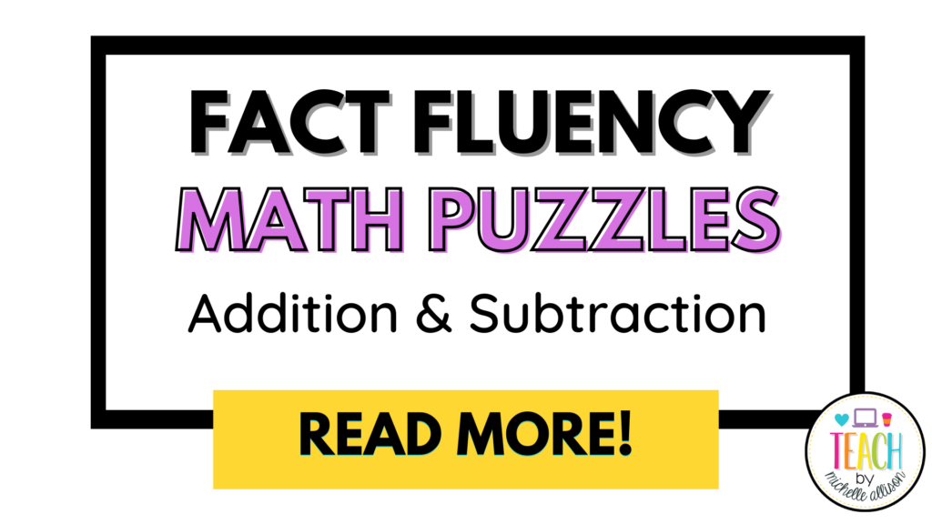 Math puzzles for fact fluency written in purple and yellow font.