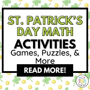 St. Patrick's Day Math Activities written in green and black ink on a background of St. Patrick's day confetti