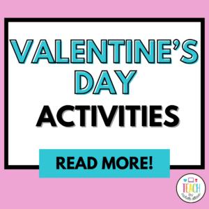 Text reads Valentine's Day Actvities in teal and black text on a solid light pink background