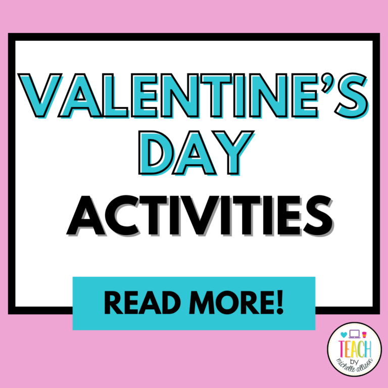 Text reads Valentine's Day Actvities in teal and black text on a solid light pink background