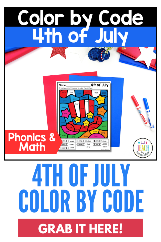 Printable 4th of July Color by Code worksheets for 1st grade featuring Color by Sight Word and Color by Number activities to practice phonics, addition, and subtraction during summer learning.
