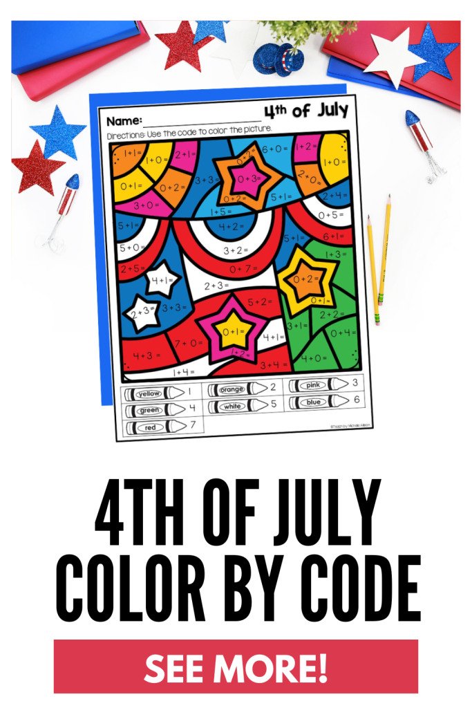 Fourth of July Color by Number worksheet for 1st grade with patriotic math facts, addition practice, and a printable color key for independent summer review.