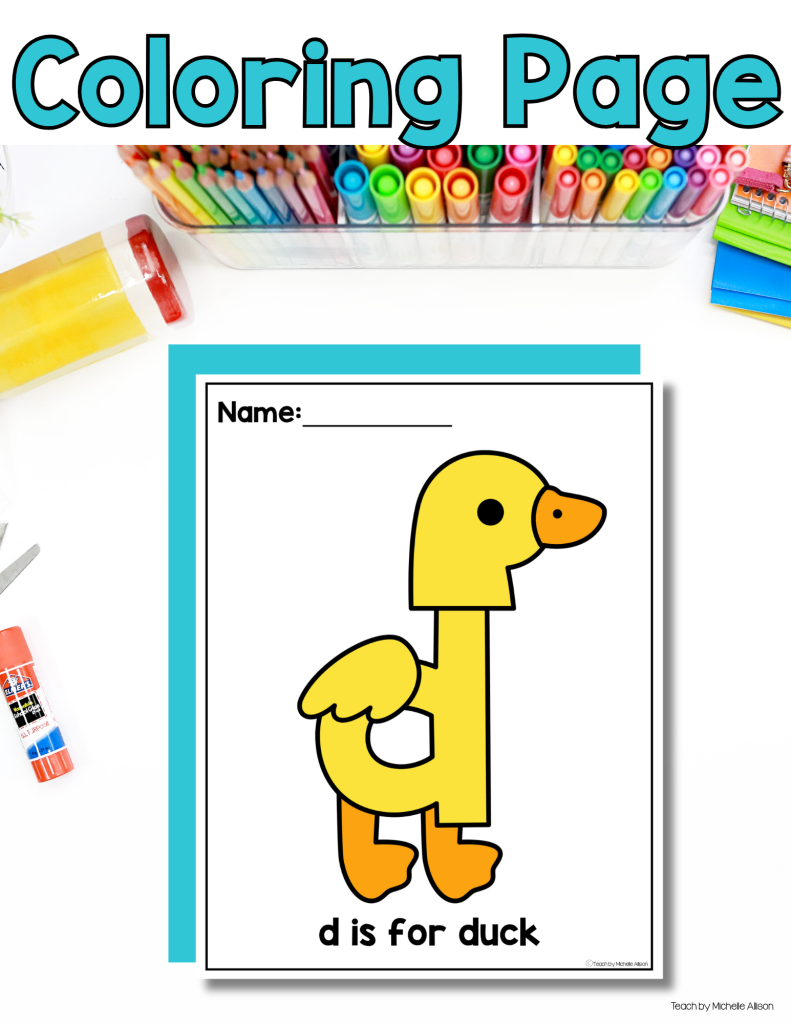 Teacher model of a printable Letter D alphabet craft featuring a duck for kindergarten phonics, beginning sounds, and letter recognition activities.