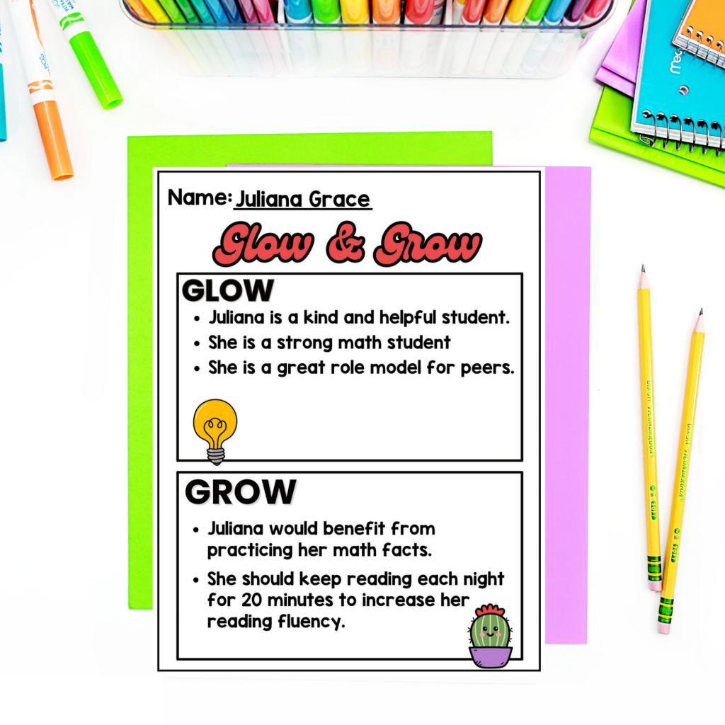 Editable conference form featuring a Glow and Grow template for parent teacher conferences with personalized student feedback.