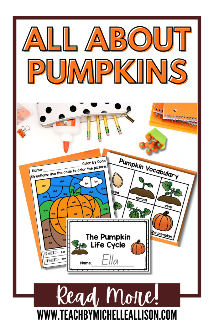 Printable pumpkin life cycle book, pumpkin vocabulary cards, color by code worksheet, and pumpkin science activities for kindergarten students.