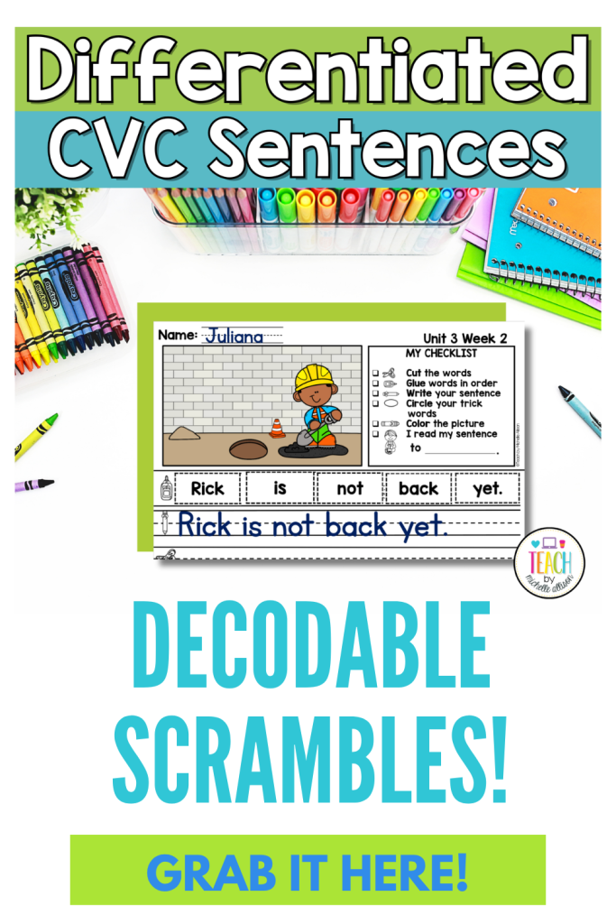 Differentiated decodable sentence scrambles worksheets for CVC sentences with cut-and-paste activities aligned with First Grade Fundations phonics instruction.