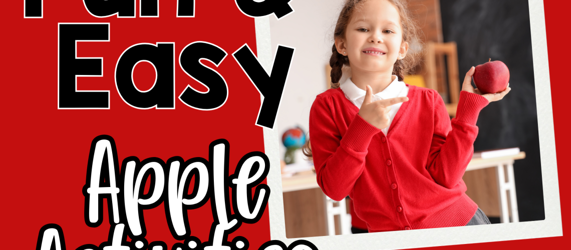 A child is pointing to an apple being used for apple activities. The text reads fun and easy apple activities